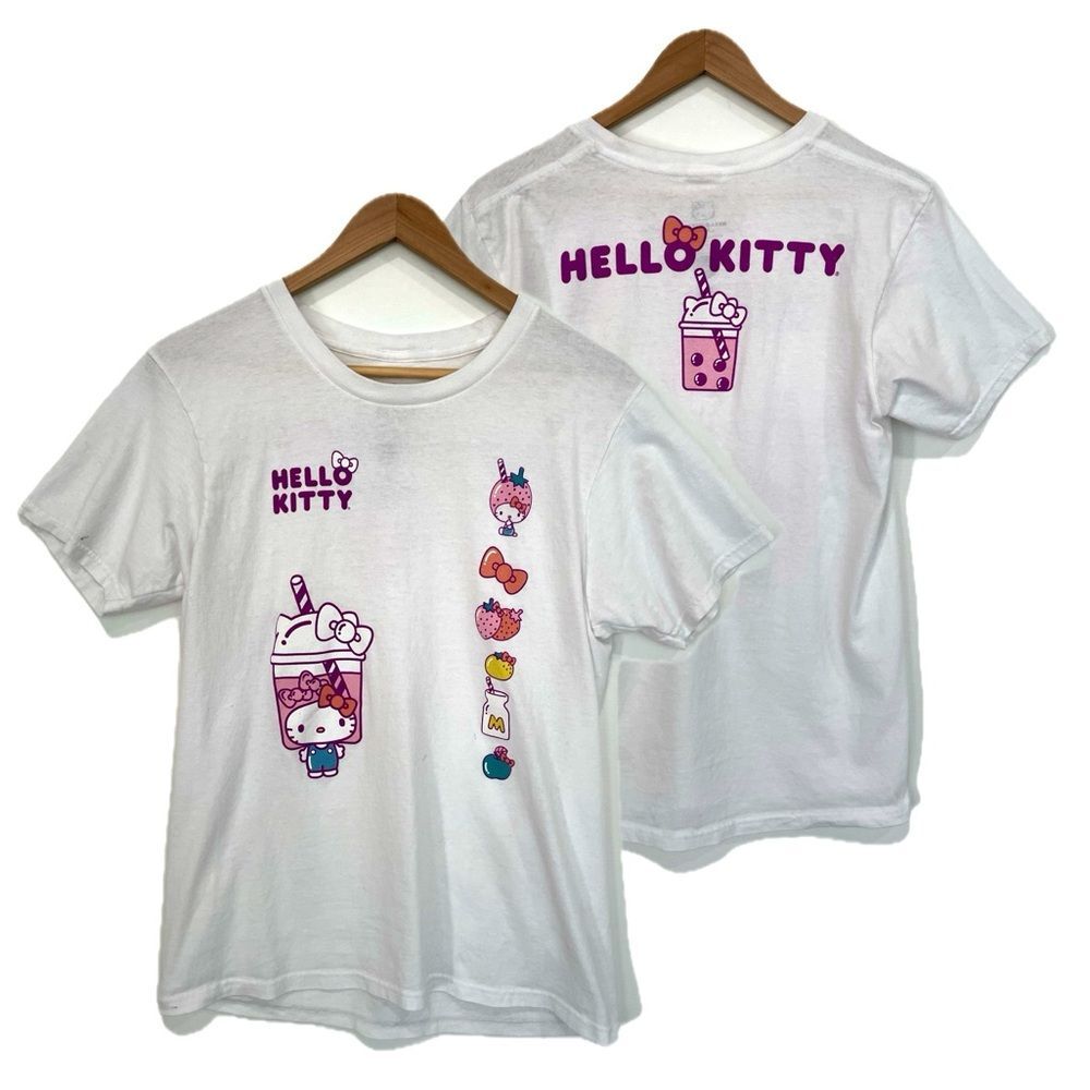 Hello Kitty Sanrio Boba Tea Graphic Tee Womens Size M White Strawberry Anime